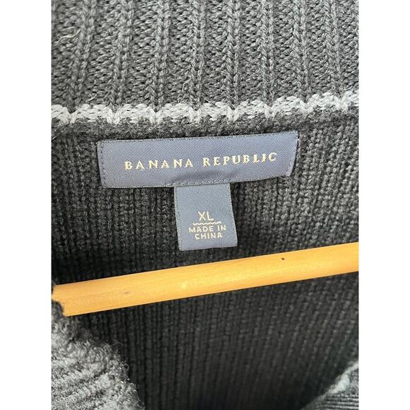 Banana Republic Mens Black Size XL 1/4 Snap Zip Sweater 100% Wool Ribbed Soft - Picture 3 of 12